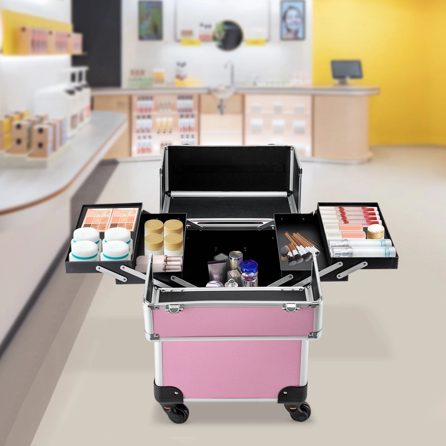 Rolling Makeup Train Case Cosmetics Makeup Trolley with Keys