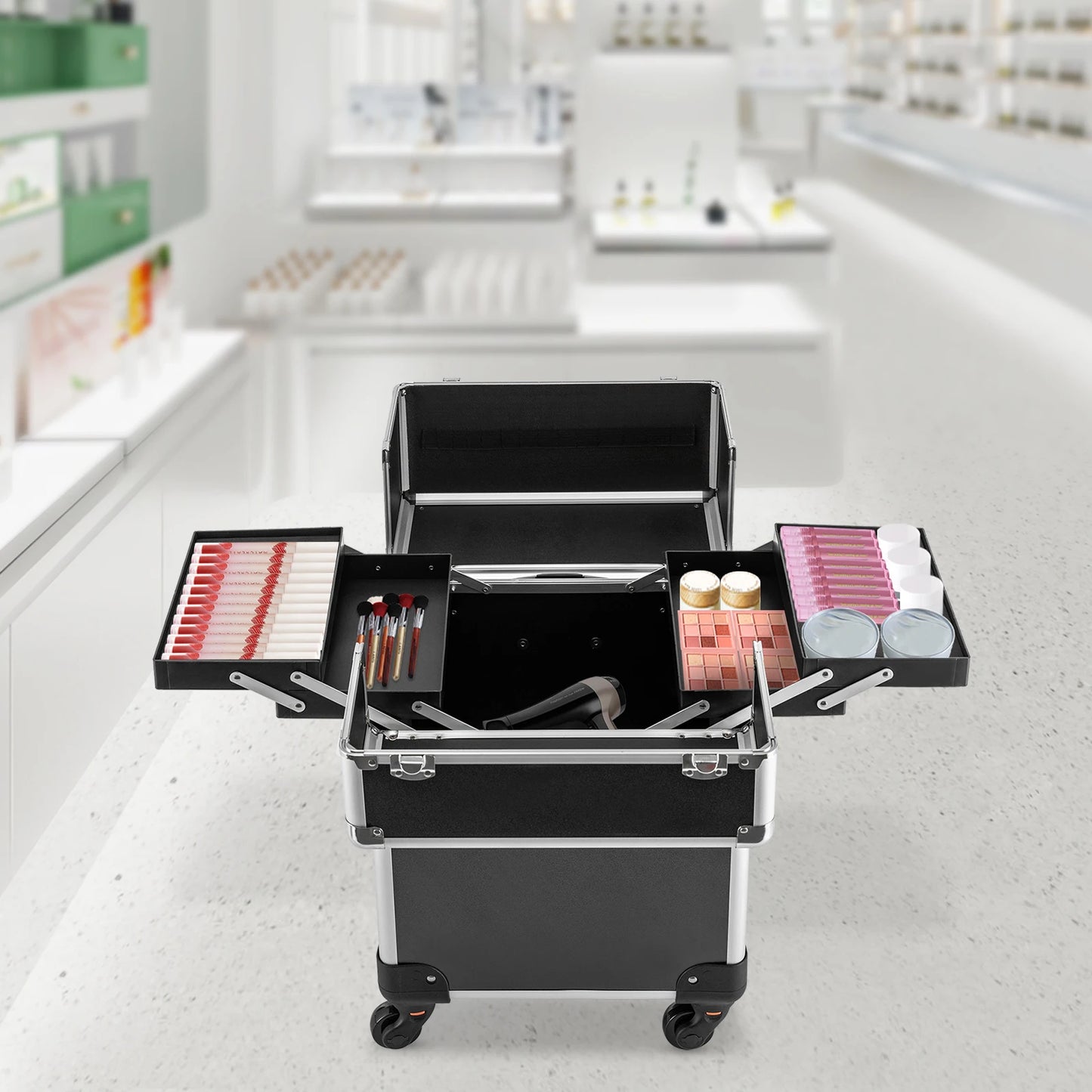 Rolling Makeup Train Case Cosmetics Makeup Trolley with Keys