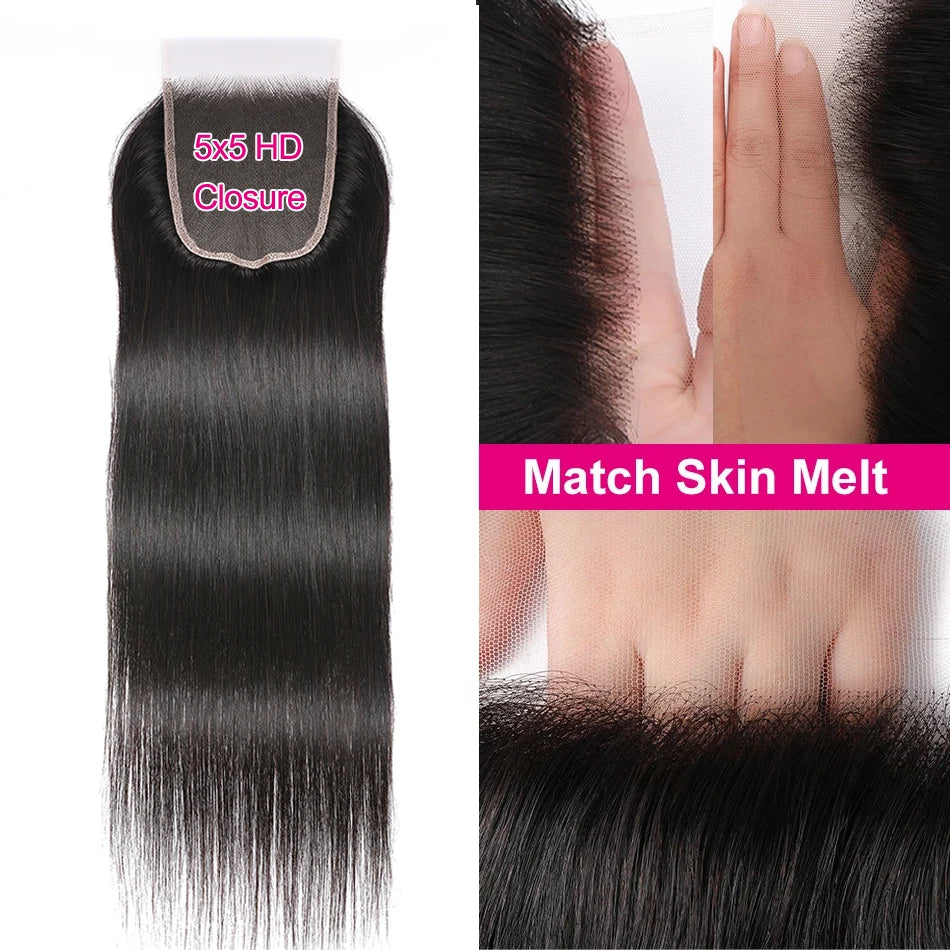Peruvian Straight HD Lace Closure Hair 3 Bundles
